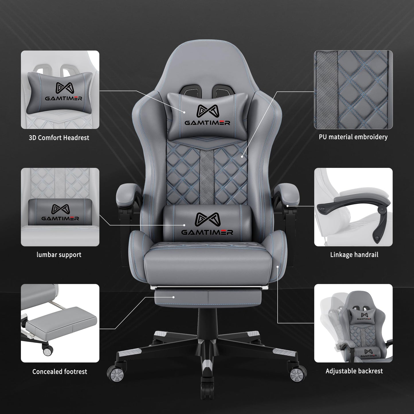 Gamtimer Gaming Chair, 400 lbs Adult Chair, High Back Computer Chair with Footrest and Linked Armrests, Office Video Game Chair with Lumbar Support (Grey)